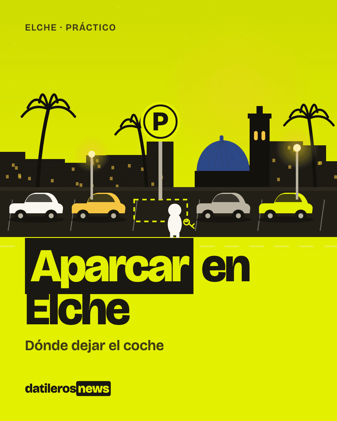 Ilustración de calles de Elche con coches aparcados bajo palmeras, el campanario de Santa María al fondo y un monigote redondo con llaves