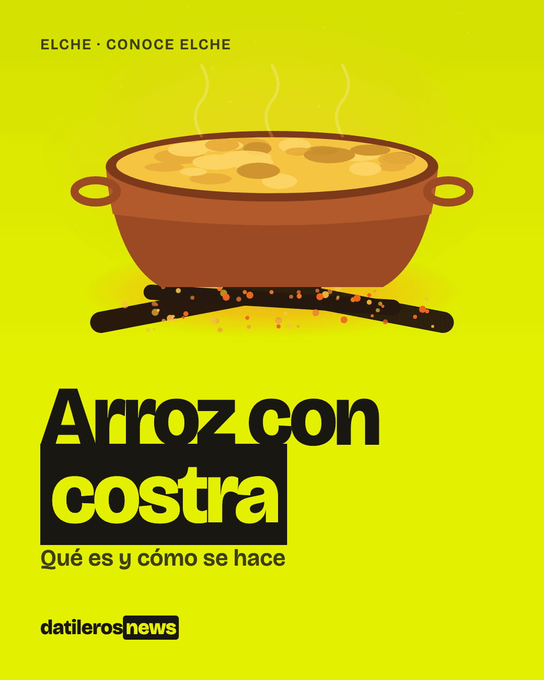 Ilustración de una cazuela de barro con el arroz con costra de Elche, la costra de huevo dorada, sobre unas brasas