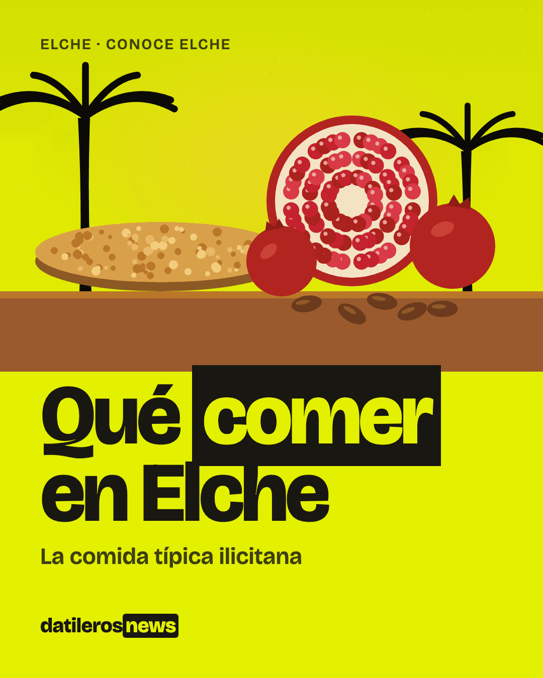 Ilustración de comida típica de Elche: coca de mollitas, granada abierta, dátiles y una palmera