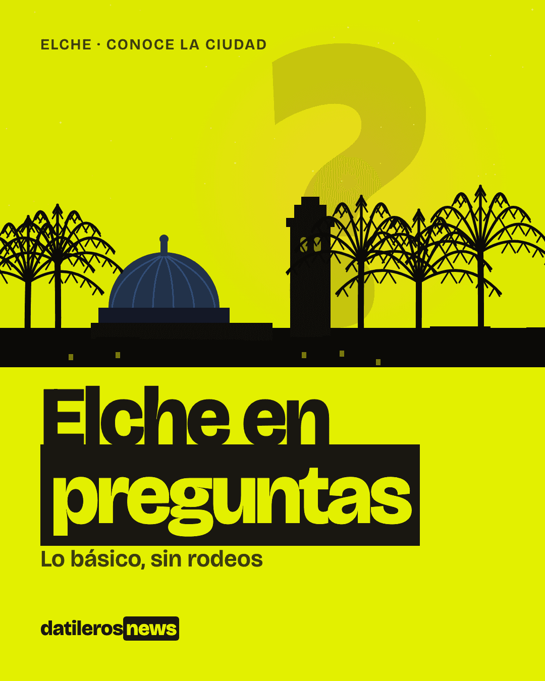 Ilustración de un gran signo de interrogación con siluetas de Elche: la Basílica de Santa María, palmeras y la cúpula azul, al estilo de Datileros