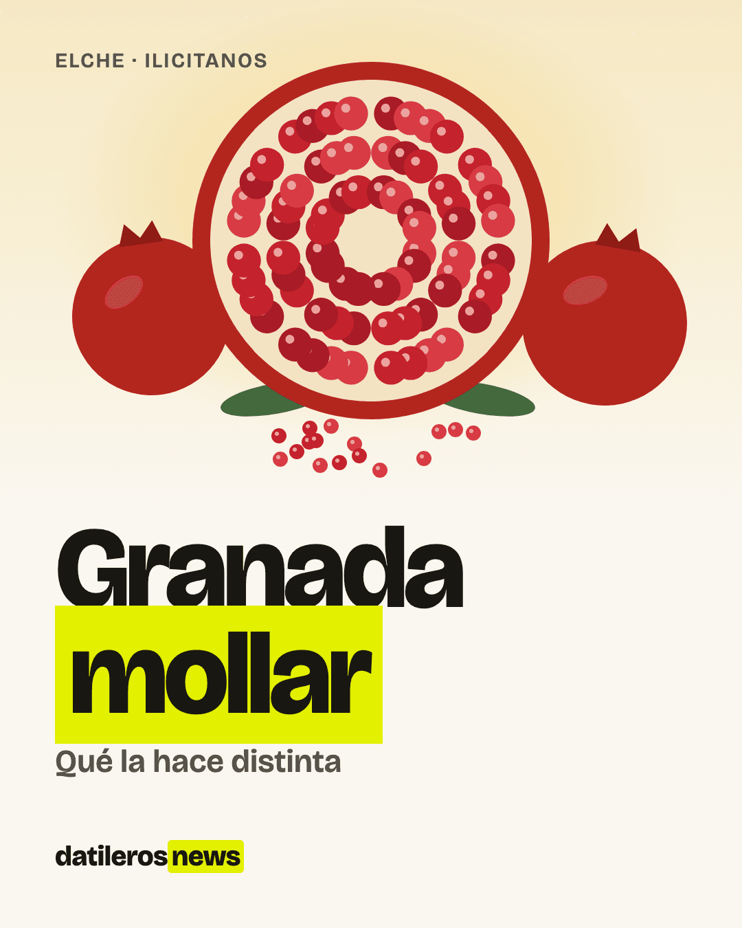 Ilustración de granadas mollares de Elche, una abierta con los granos rojos, sobre un fondo oscuro