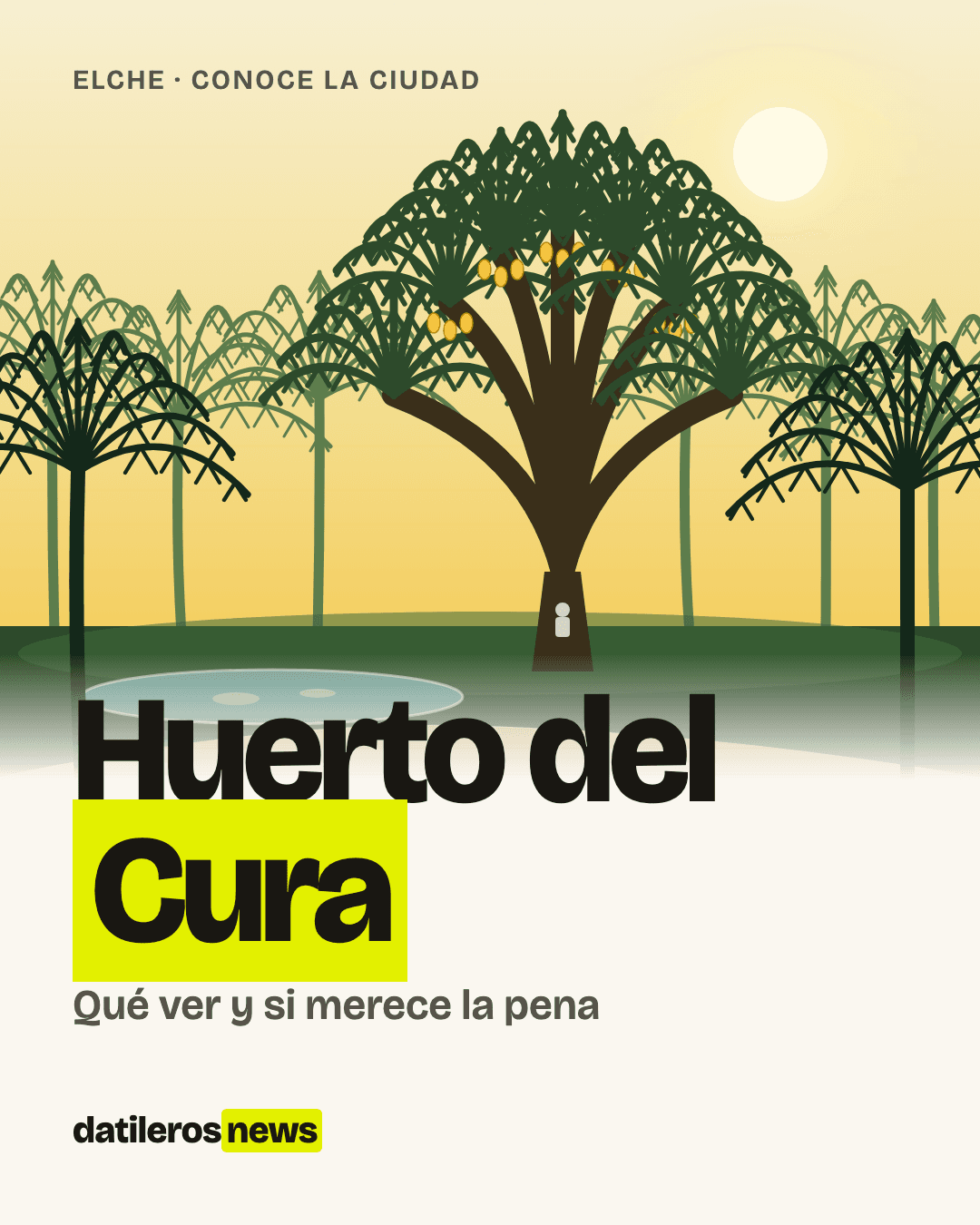 Ilustración del Huerto del Cura de día: la Palmera Imperial de siete brazos entre palmeras datileras y un estanque, al estilo de Datileros