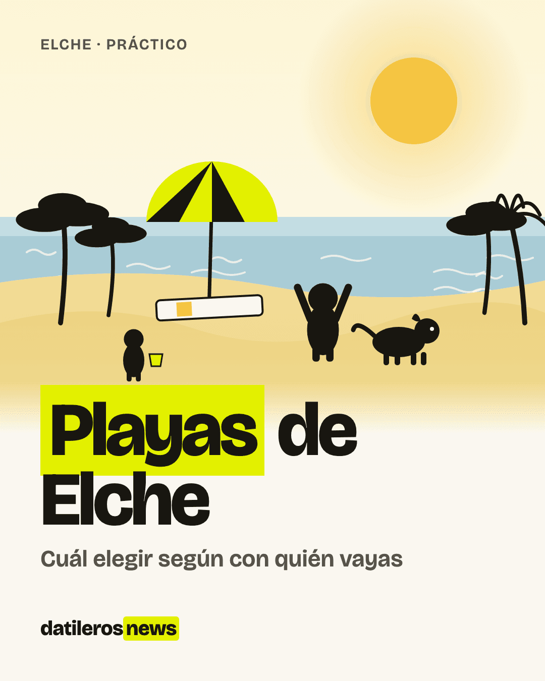 Ilustración de una playa de Elche de día: dunas, pinos y palmeras junto al mar, con la silueta de un monigote redondo con perro