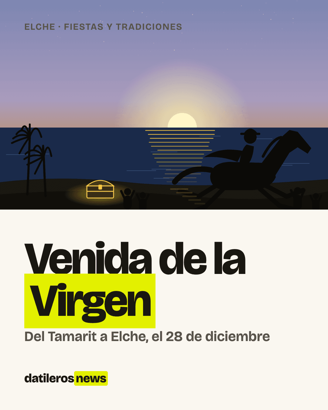 Ilustración de la Venida de la Virgen: Francesc Cantó a caballo al amanecer junto al mar, con un arca dorada en la playa del Tamarit y palmeras en la orilla